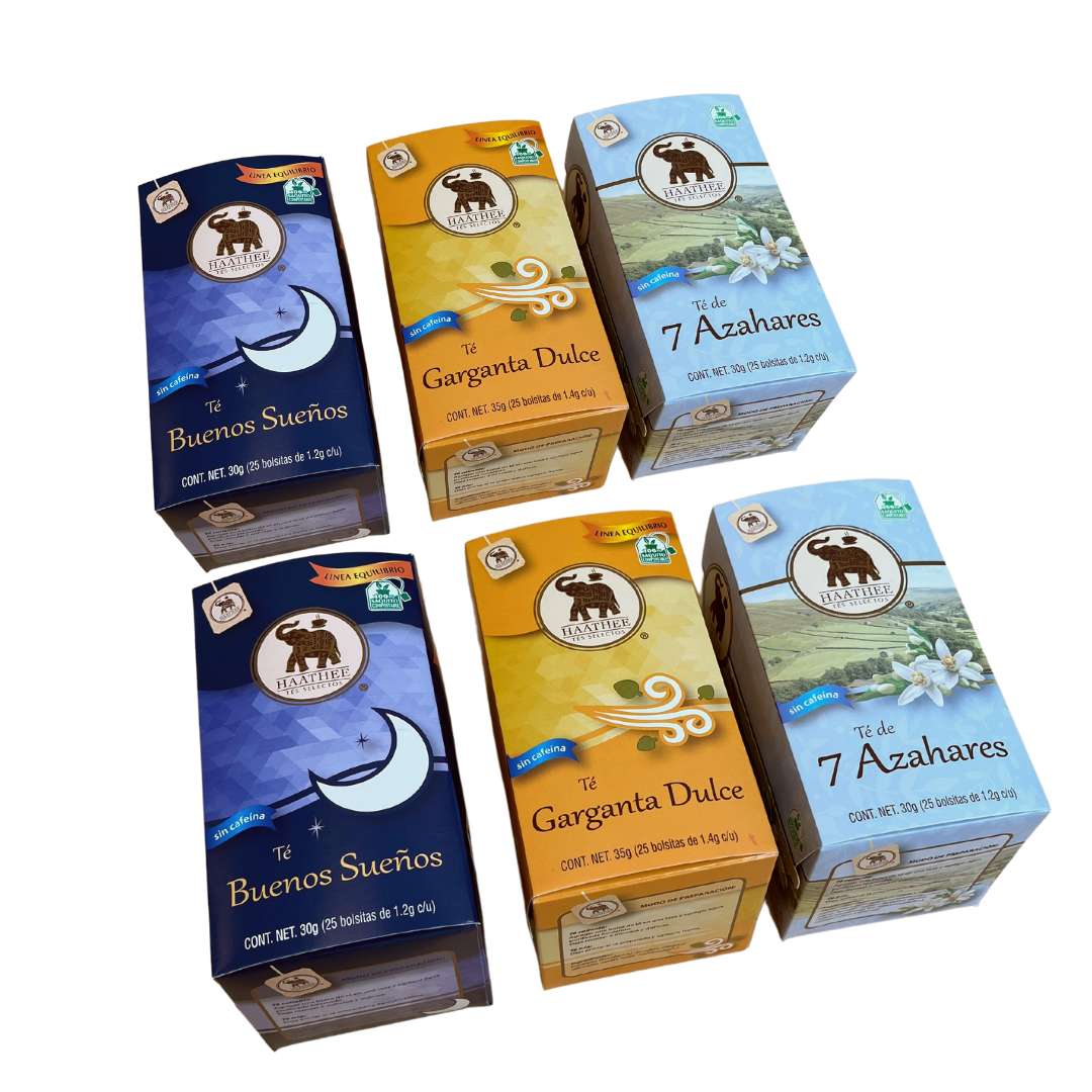 Pack Té Haathee, Línea Equilibrio, Bueno Sueños, Garganta Dulce y Siete Azahares (6 cajas con 25 sobres c/u)