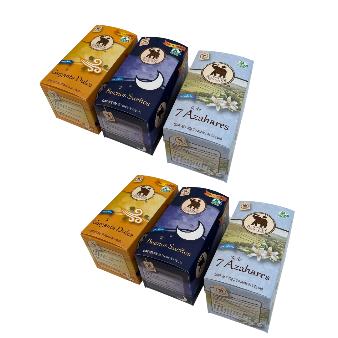 Pack Té Haathee, Línea Equilibrio, Bueno Sueños, Garganta Dulce y Siete Azahares (6 cajas con 25 sobres c/u)