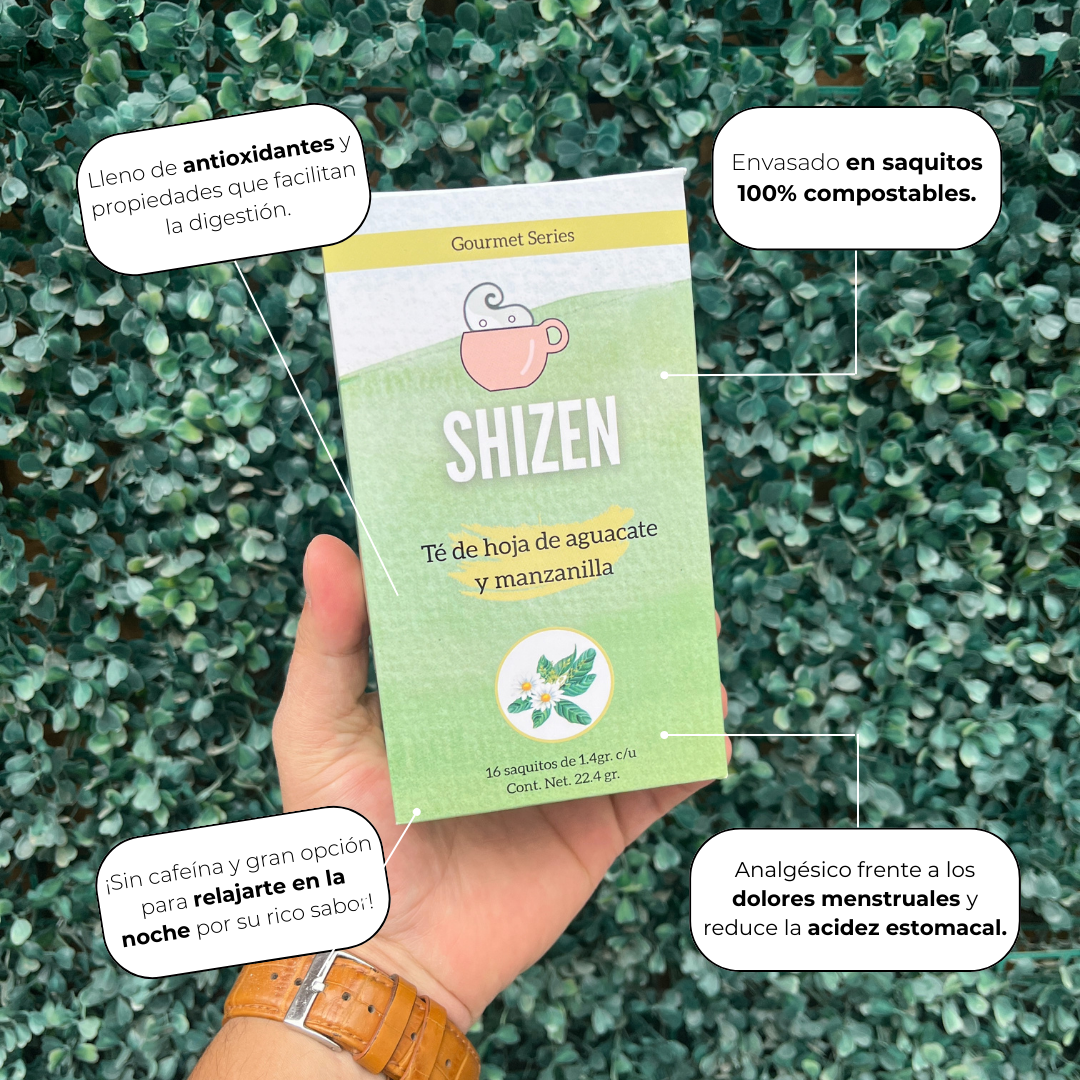 Pack Té, Línea Shizen Hoja de aguacate y manzanilla (5 cajas con 16 sobres c/u)