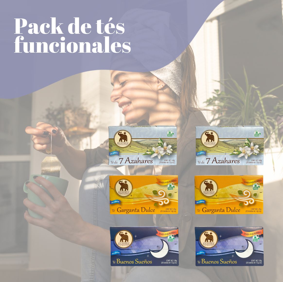 Tés funcionales para el hogar (Buenos Sueños, Garganta Dulce y 7 Azahares).