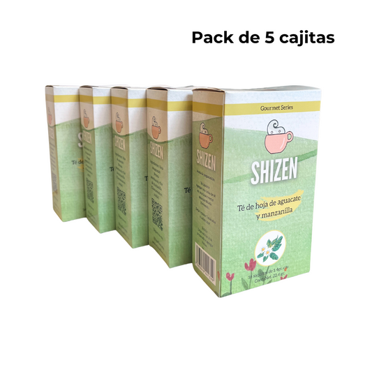 Pack Té, Línea Shizen Hoja de aguacate y manzanilla (5 cajas con 16 sobres c/u)