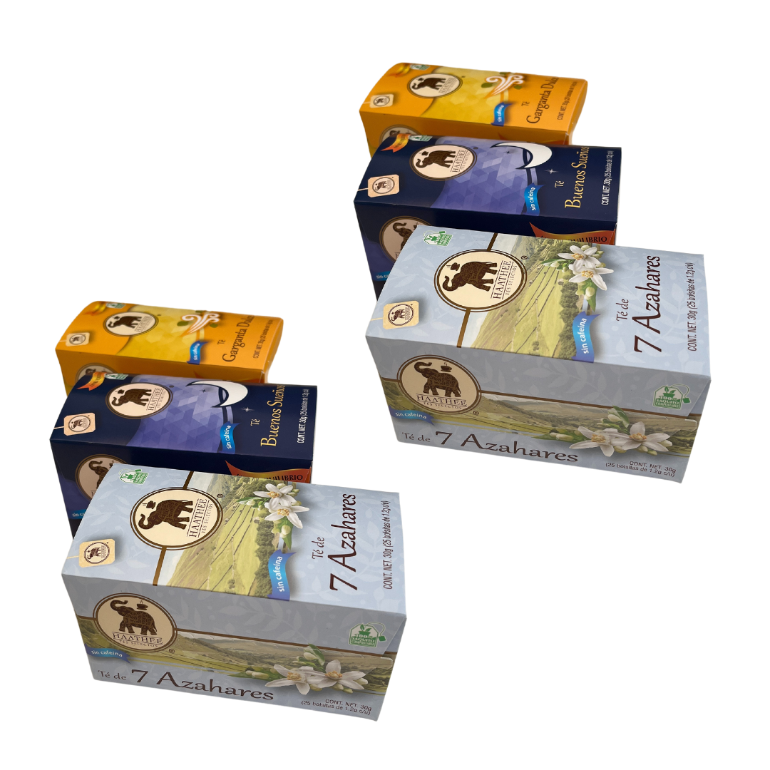 Pack Té Haathee, Línea Equilibrio, Bueno Sueños, Garganta Dulce y Siete Azahares (6 cajas con 25 sobres c/u)