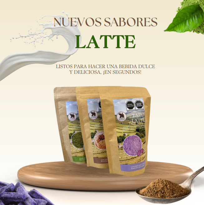 Polvo para bebida instantánea con leche (Taro, Matcha y Chai).