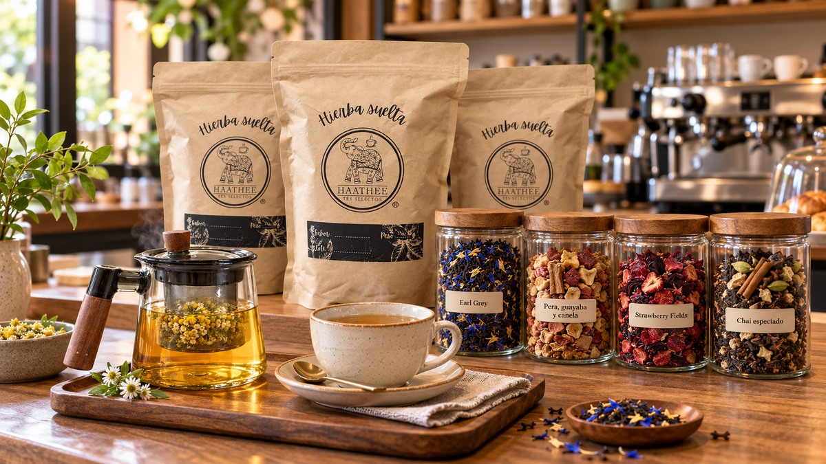 Barra de café con tetera, bolsas Haathee y frascos de Earl Grey, pera guayaba y canela, Strawberry Fields y chai especiado.