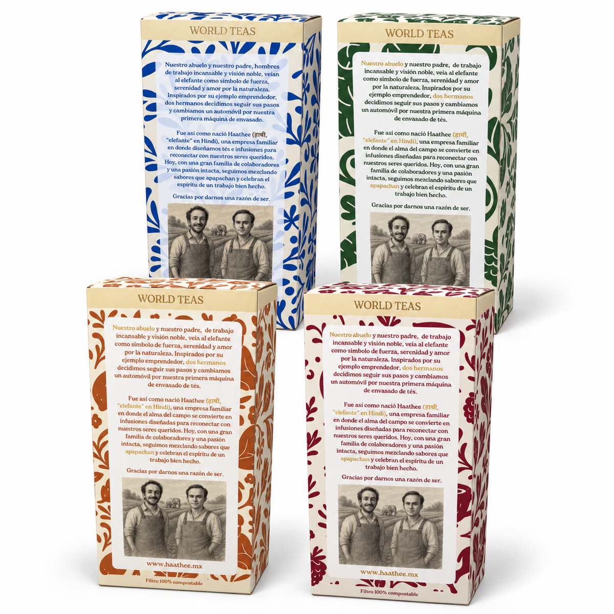 Reversos de las cuatro cajas Haathee Deluxe con la historia familiar y la ilustración de los hermanos Salas