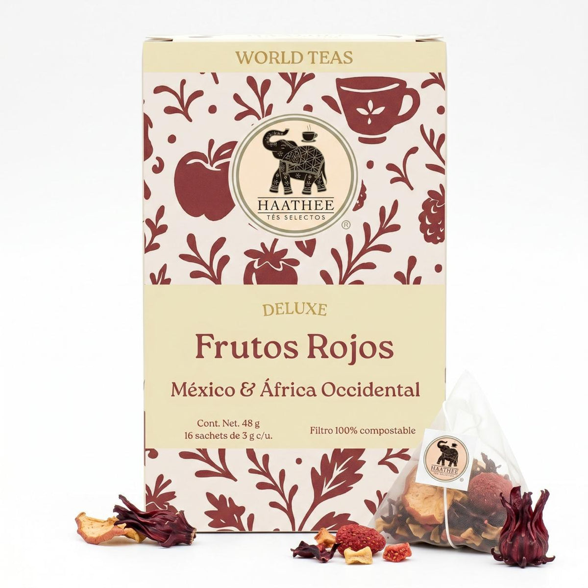 Caja Haathee Deluxe Frutos Rojos con saquito piramidal de tisana frutal de manzana, jamaica y fresa