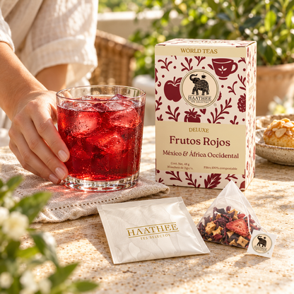 Tisana Frutos Rojos Haathee Deluxe servida con hielo en una terraza junto a su caja y sachet