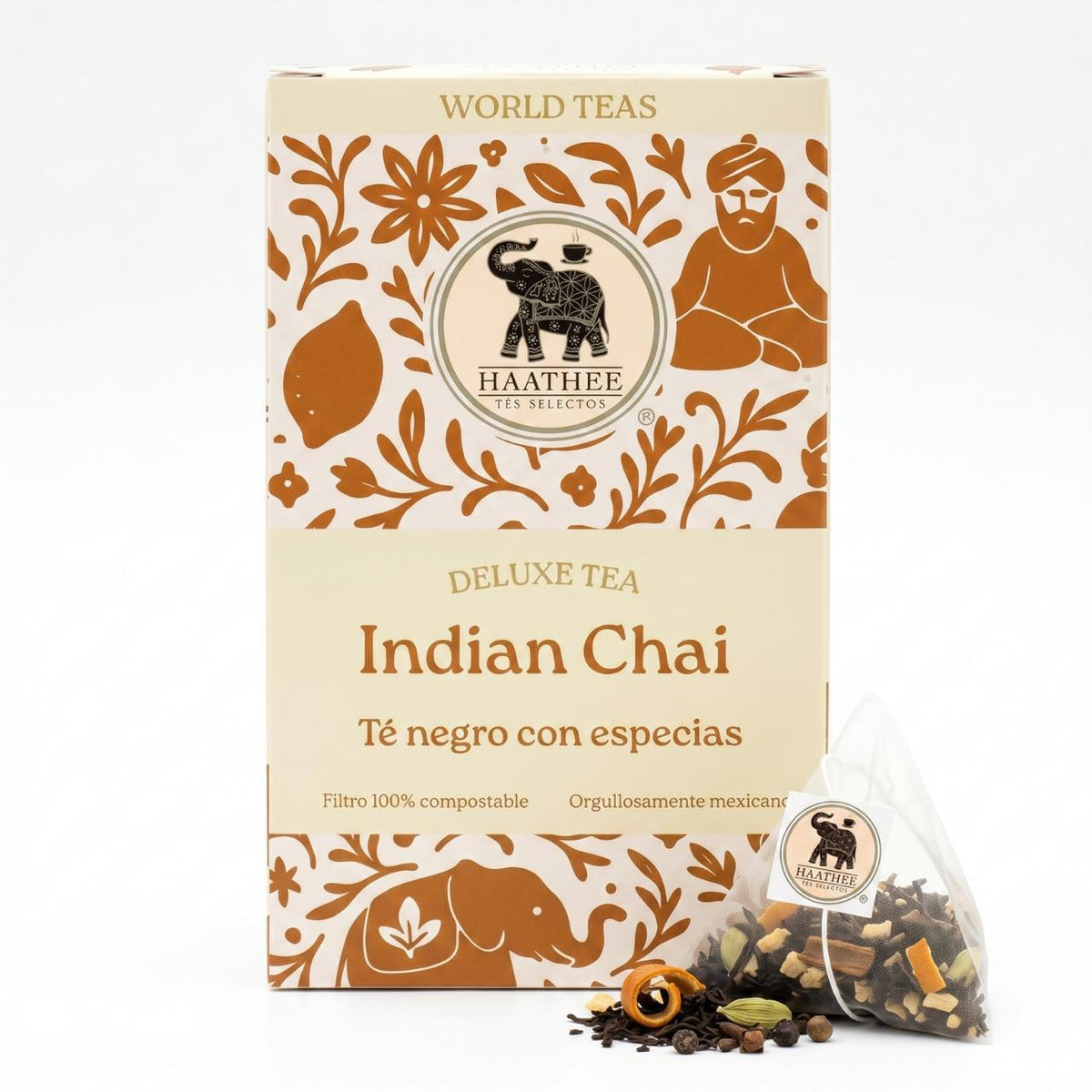 Caja Haathee Deluxe Indian Chai con saquito piramidal de té negro, especias y un toque de cáscara de naranja