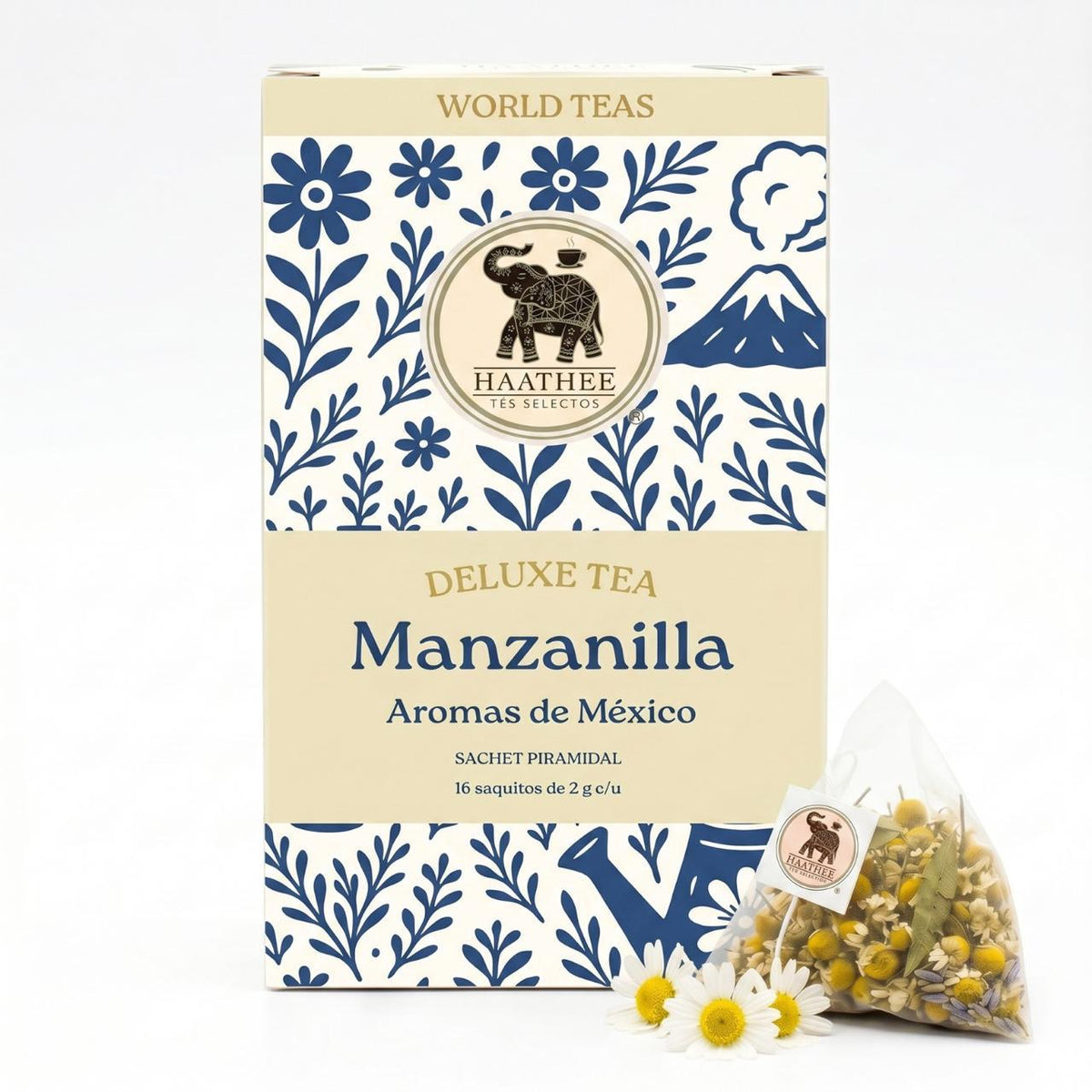 Manzanilla Deluxe Haathee: caja individual de 16 sachets piramidales 100% compostables.