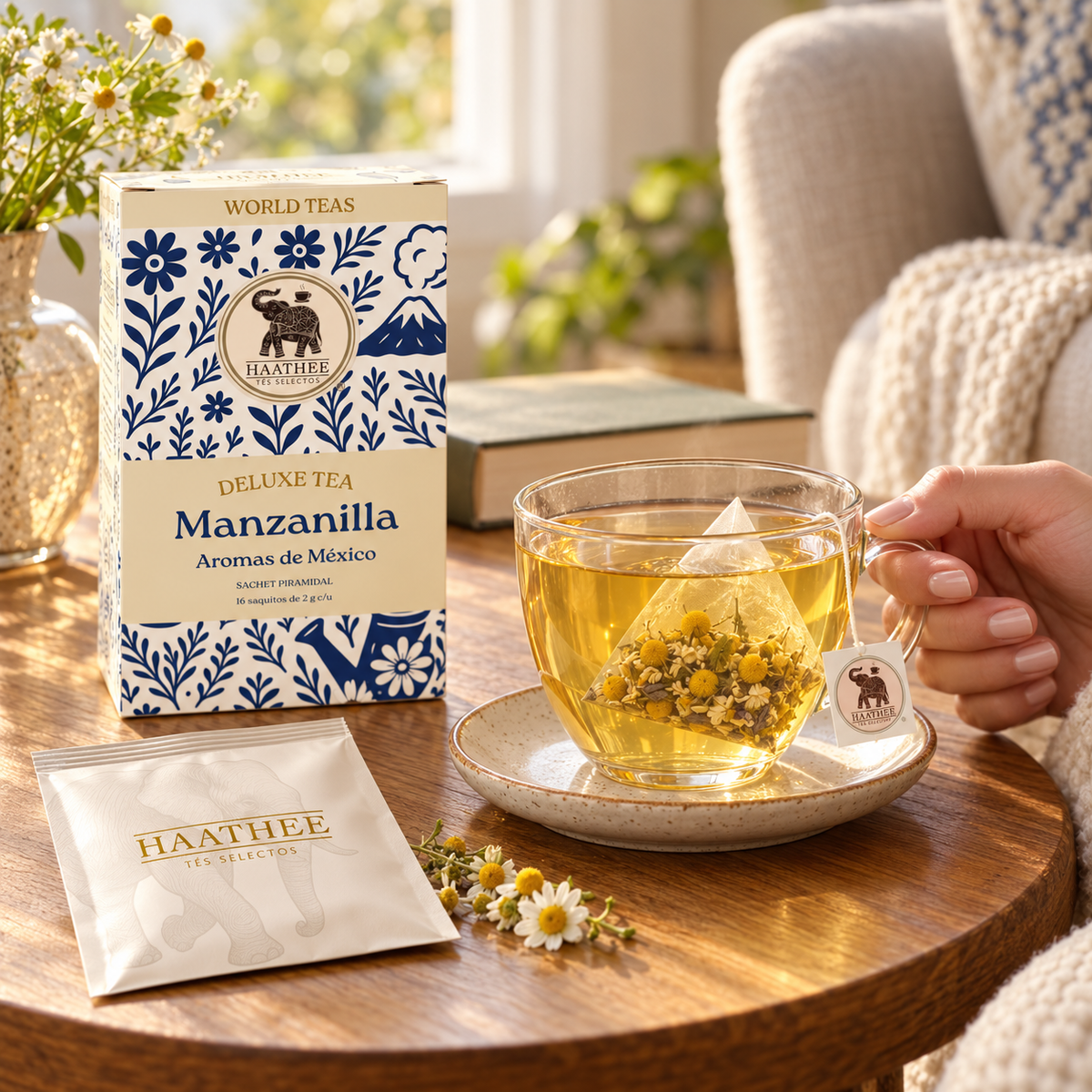 Infusión de Manzanilla Haathee Deluxe en una taza de cristal junto a su caja y sobre individual
