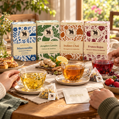 Las cuatro cajas Haathee Deluxe en una sobremesa con tés y tisanas servidos