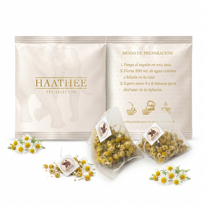Sachets piramidales de Manzanilla Deluxe Haathee con flores de manzanilla y sobres individuales.