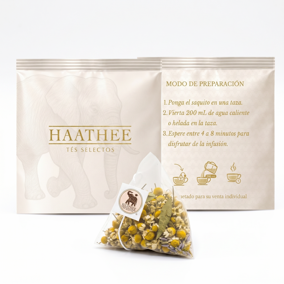 Sachet piramidal de Manzanilla Deluxe Haathee junto al frente y reverso de su sobre individual.