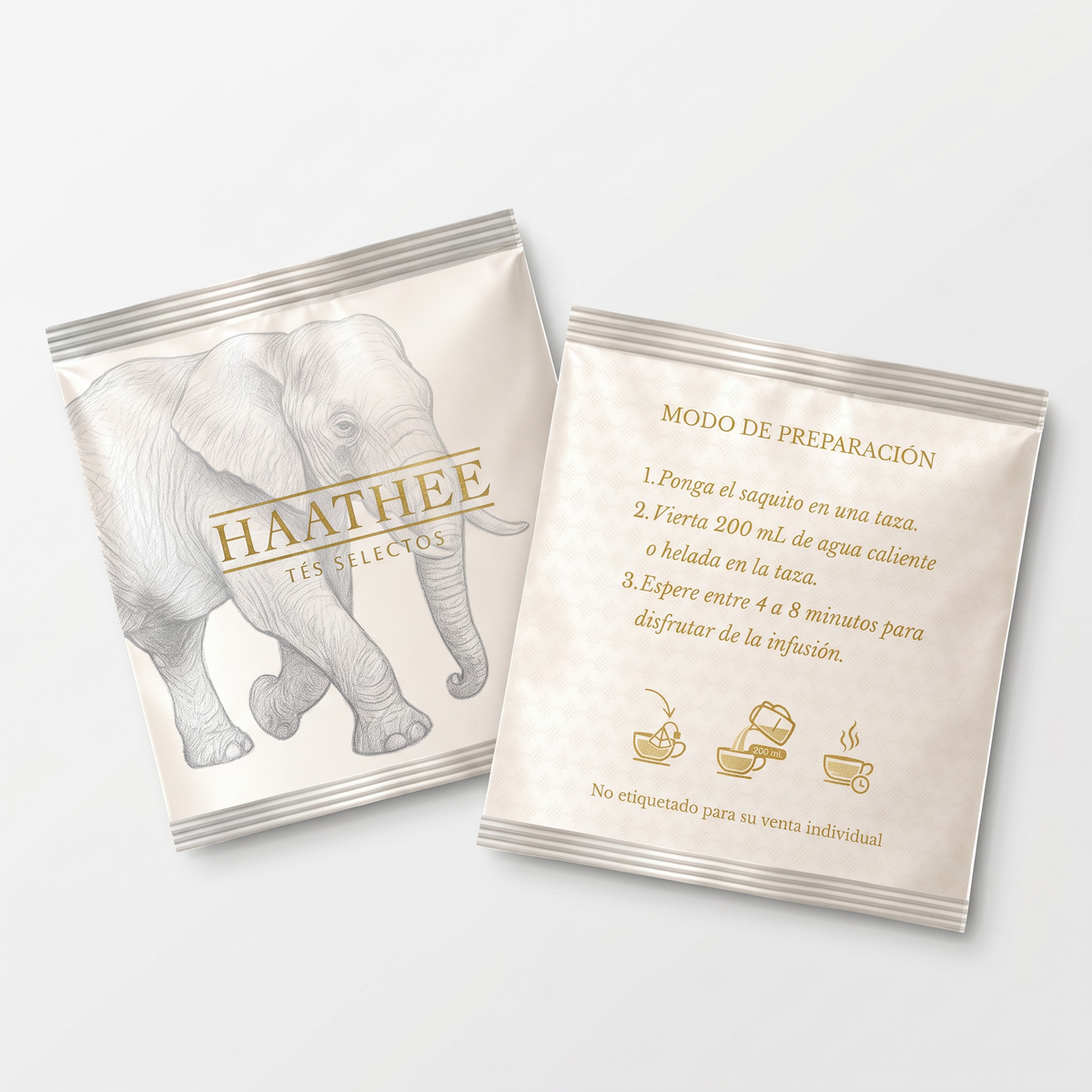Frente y reverso del sobre individual Haathee, con indicaciones de preparación.