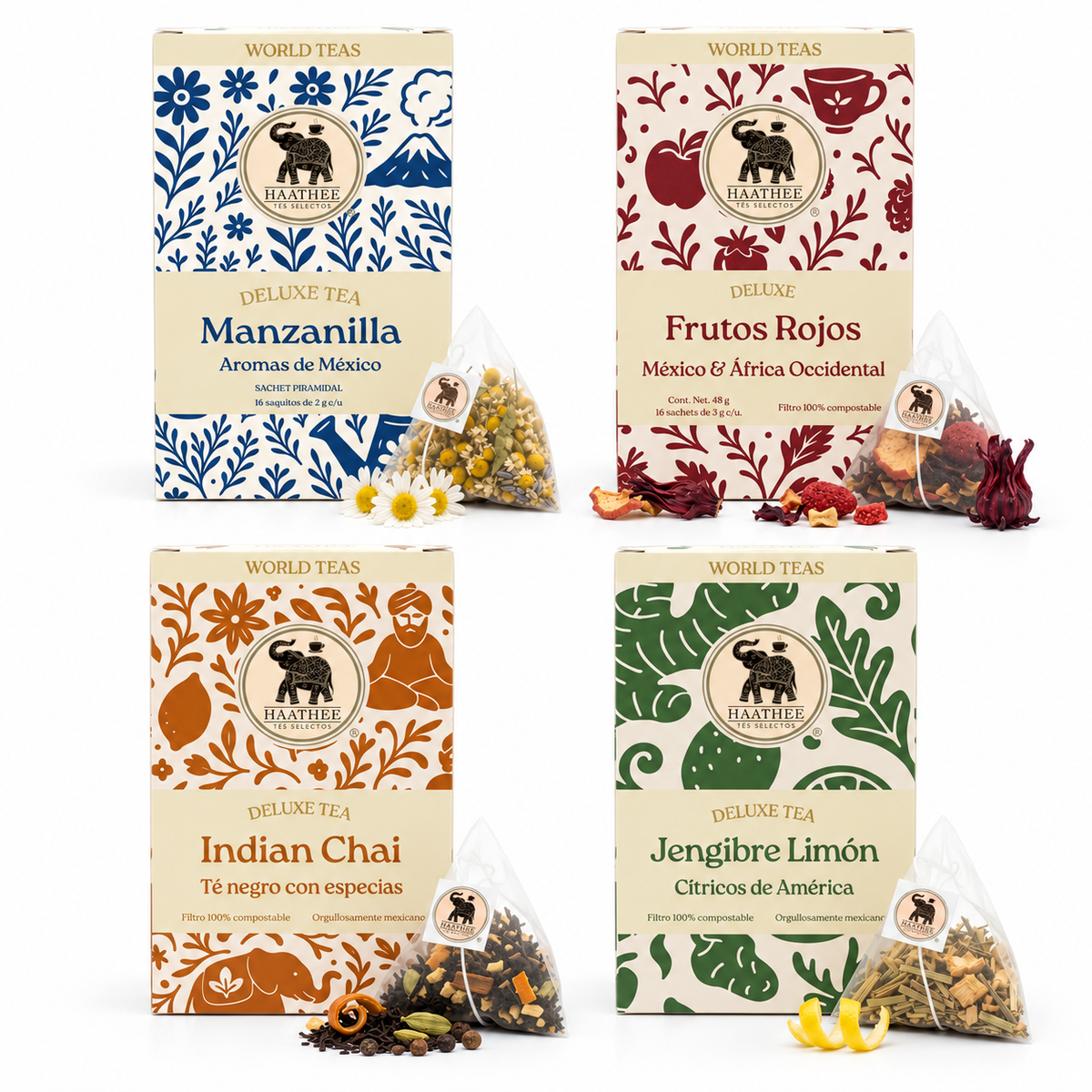 Paquete surtido Haathee Deluxe: cuatro cajas individuales de Manzanilla, Frutos Rojos, Indian Chai y Jengibre Limón