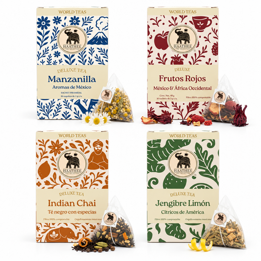 Paquete surtido Haathee Deluxe: cuatro cajas individuales de Manzanilla, Frutos Rojos, Indian Chai y Jengibre Limón